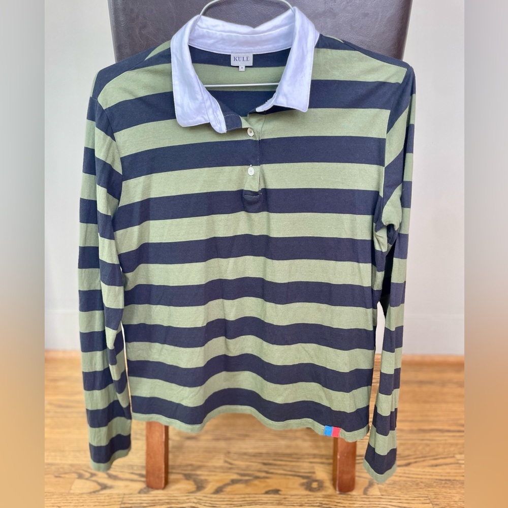Kule Striped Long Sleeve Polo Shirt. Navy and green. Size Medium.